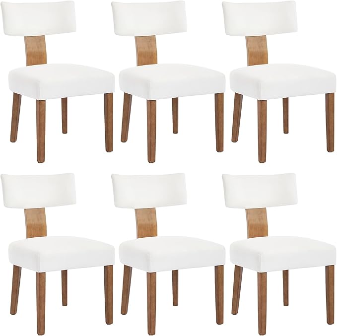 KHISCHMO Mid Century Modern Dining Chairs, Upholstered Linen Fabric Chairs with Curved Backrest and Wood Legs, Comfy Kitchen Vanity Chairs for Dining Room/Living Room/Kitchen, Set of 6 Cream