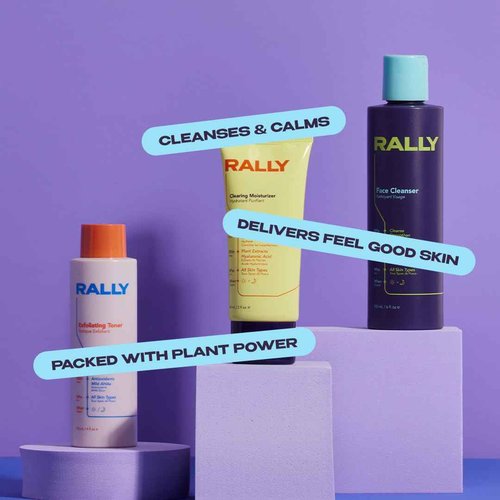 RALLY Clean Plant Powered Daily Face Routine | Healthy Skin Essentials | Teens + Athletes All Skin Types | Face Cleanser 6oz, Exfoliating Toner 4oz, Clearing Moisturizer 2oz