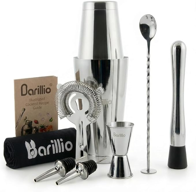 Barillio Boston Shaker Set - Stainless-Steel, Weighted, Martini Cocktail Shaker Set w/Strainer & Mixer - Mixology Bartende...