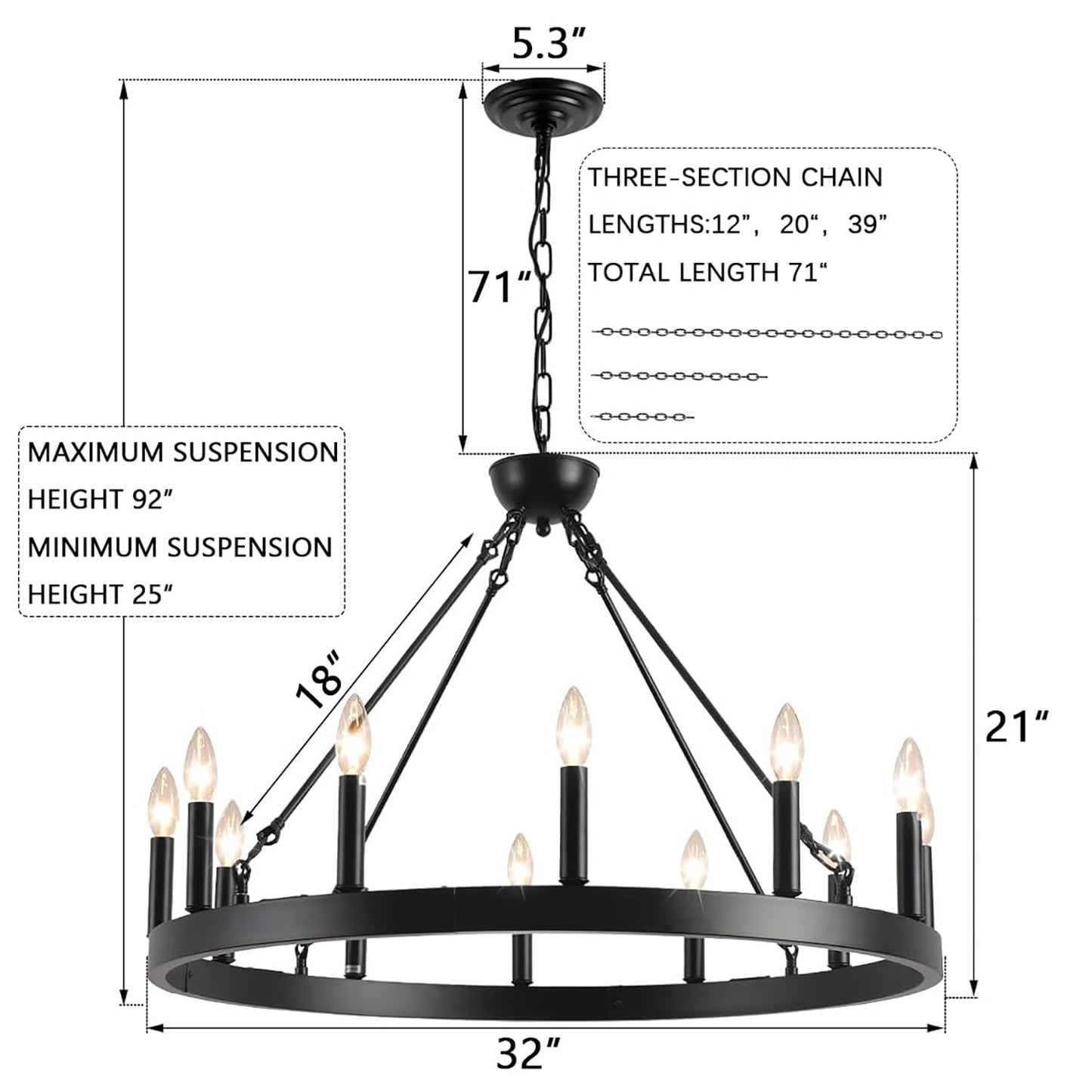 ZBMYRBZJ Black Wagon Wheel Chandelier 32 inch,12-Light Farmhouse Wagon Wheel Chandeliers Round Industrial Ceiling Light fixtures for Outdoor Porch high Ceilings Living Dining Room Foyer Entryway