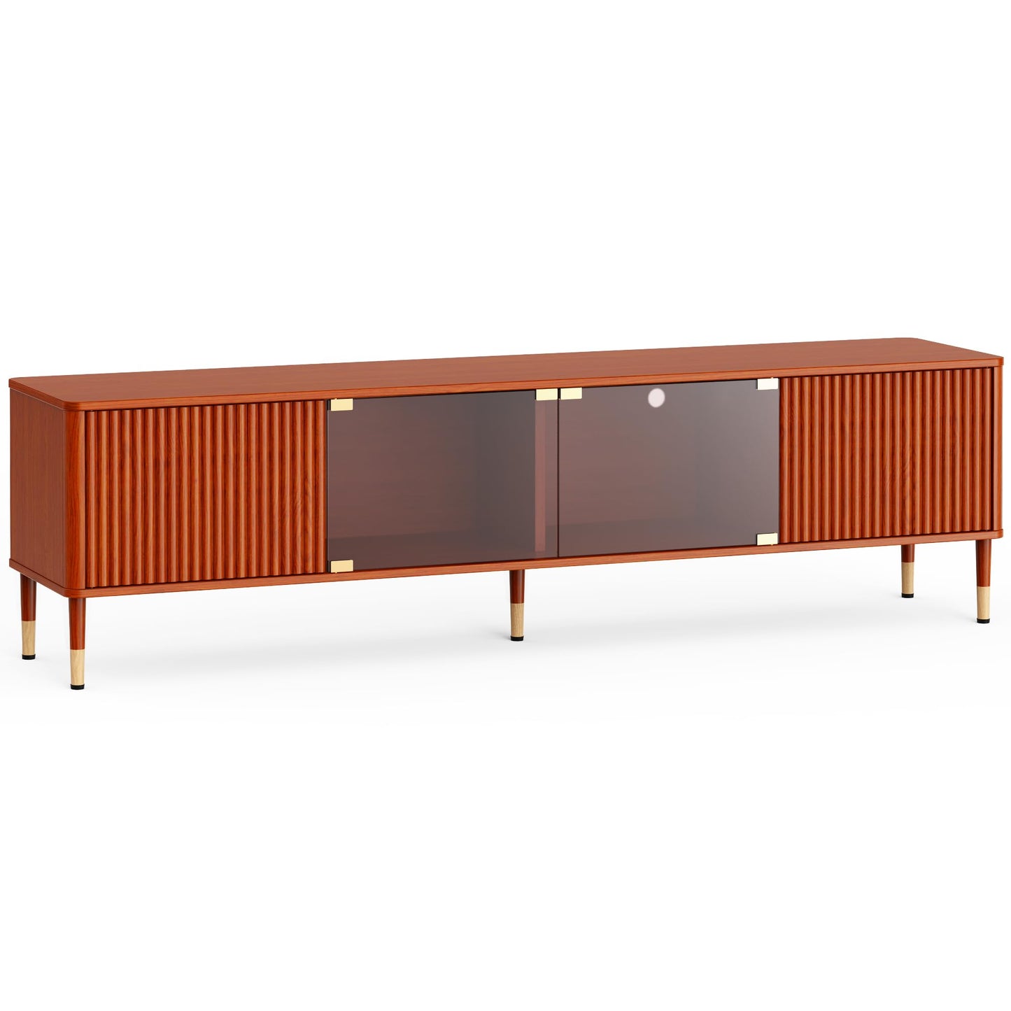 PatioPerk TV Stand for 55 65 Inch TV – Modern Entertainment Center with 4 Storage Cabinets for Living Room, 70 Inch TV Console with LED Lights and Glass Doors, Walnut Brown