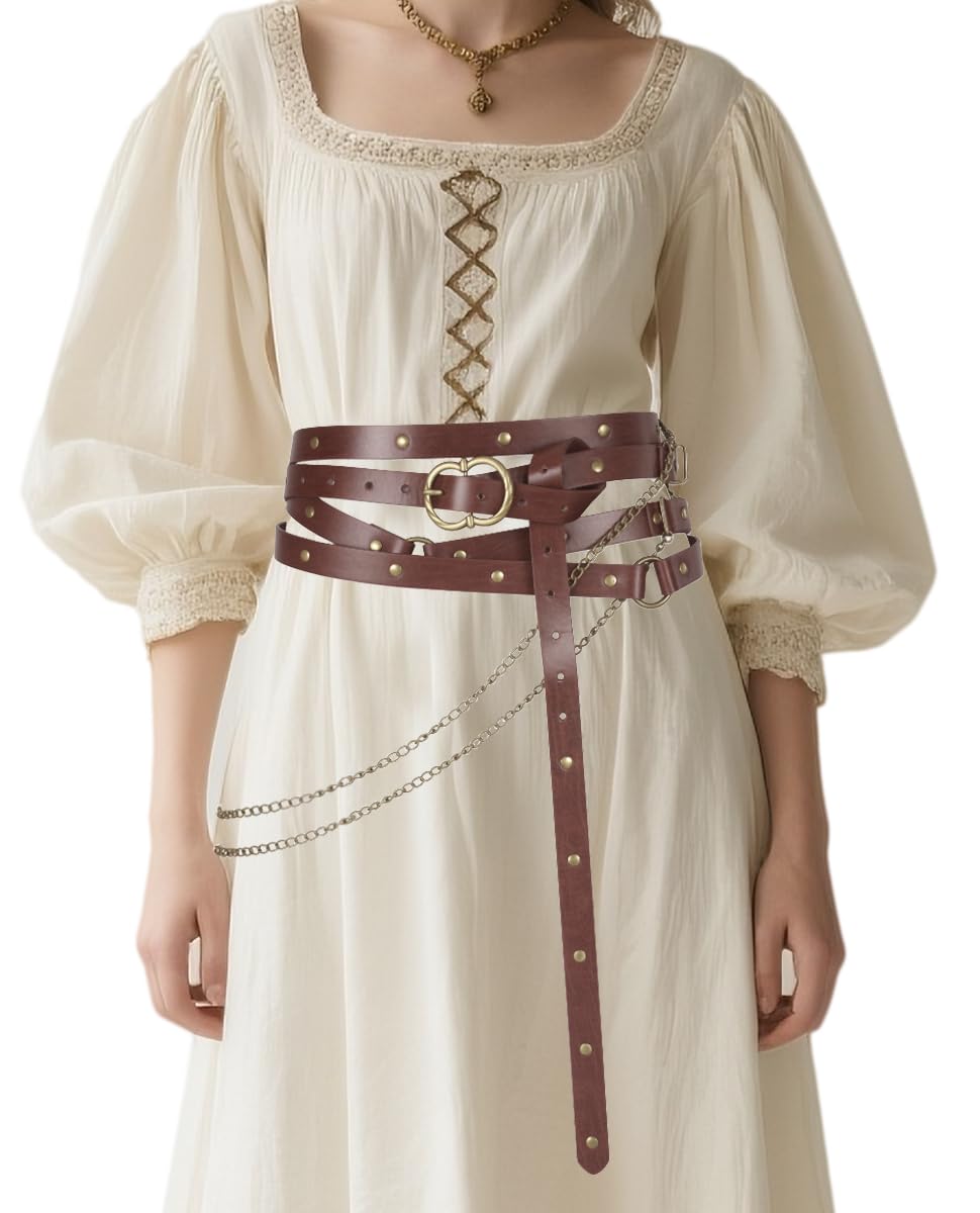 HelixTrim Renaissance Belt Medieval Thin Viking Style Pirate Belt for Women with Gold Chain Faux Leather Accessories Extra Long Plus Size for Ren Faire,LARP,Elf Fairy Cosplay Gift,Brown