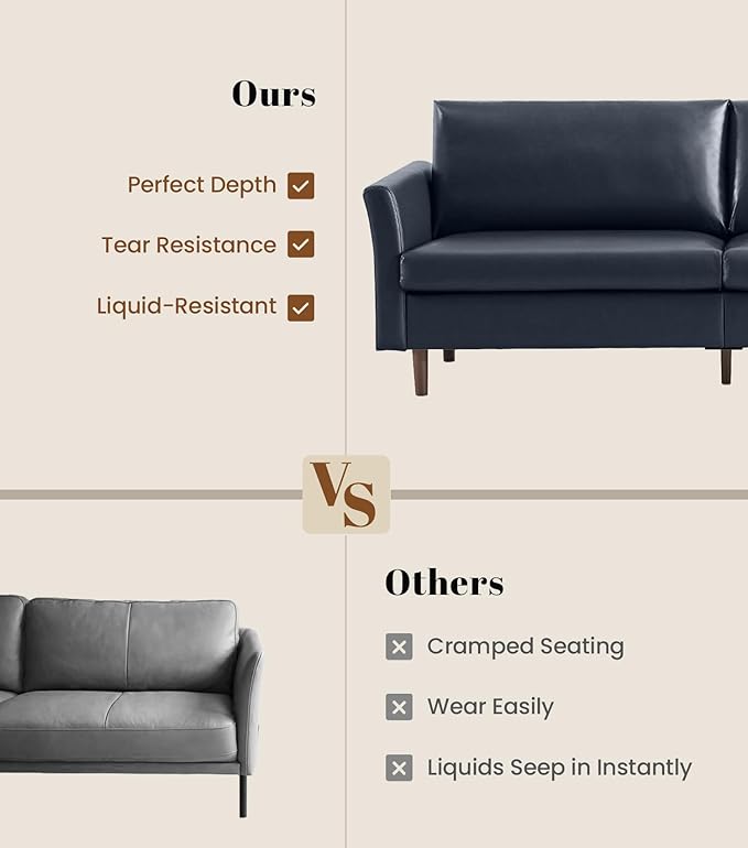 Kingfun Faux Leather 3 Seat Couch for Living Room, Mid Century Modern Sofa with Rolled Arms and Deep Seats, Fluffy Comfort for Apartment, Easy to Assemble, Blue