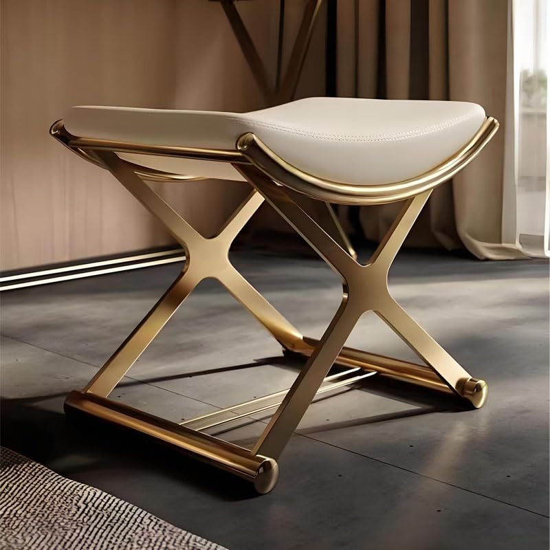 CHSSIH Vanity Stool Chair for Makeup - Small Backless Leather Stool for Vanity - Modern Ottoman Bench Seat with Metal X Legs, Footstool for Bathroom & Living Room - Gold