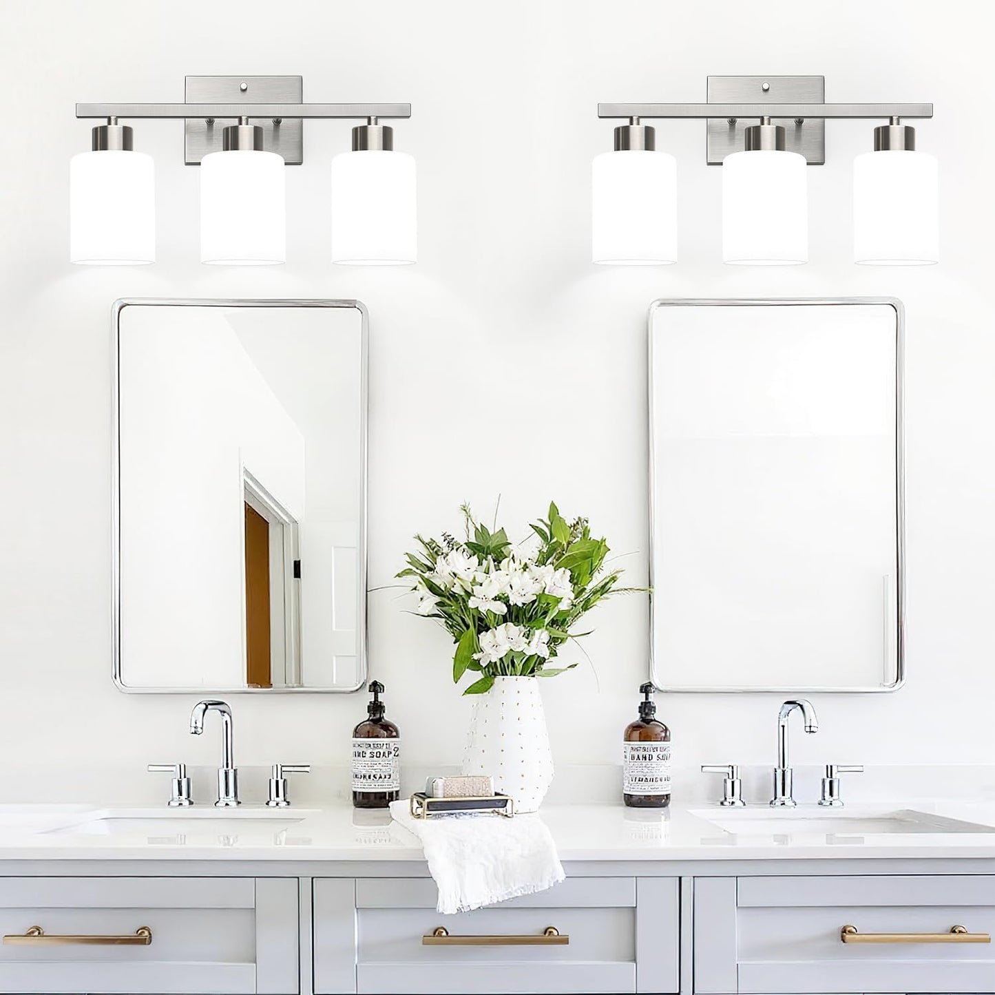 Brushed Nickel Bathroom Light Fixtures with Milk Glass Shades, Eye-Friendly 3 Light Vanity Lights for Bathroom, Vanity Lights with E26 Socket, for Mirror, Living Room, Bedroom, Hallway