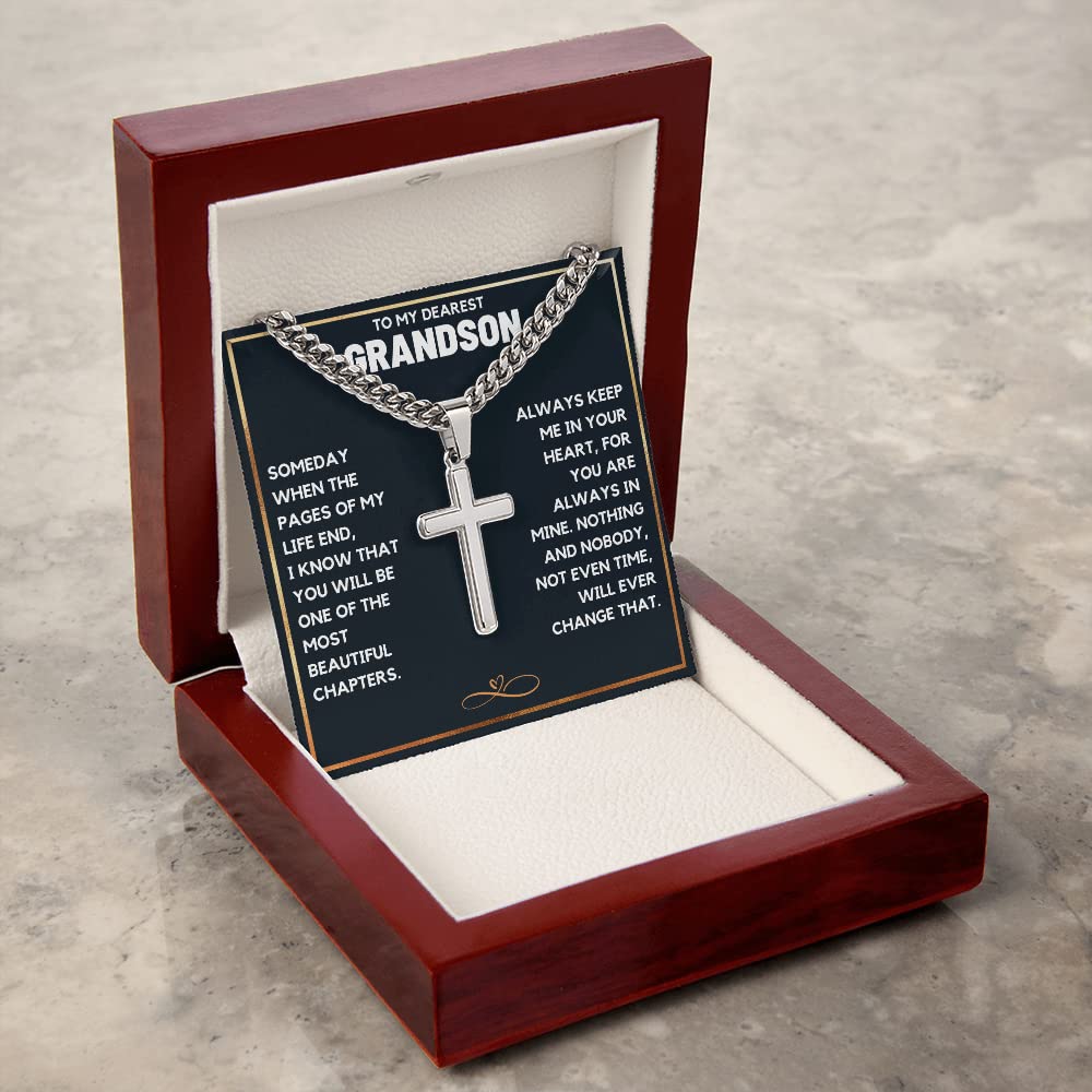 FG Family Gift Mall Grandson Birthday Gifts From Grandma Present For Grandson From Grandmother To My Grandson Necklace From Grandparents Cross Chain with Message Card and Gift Box, Stainless Steel,