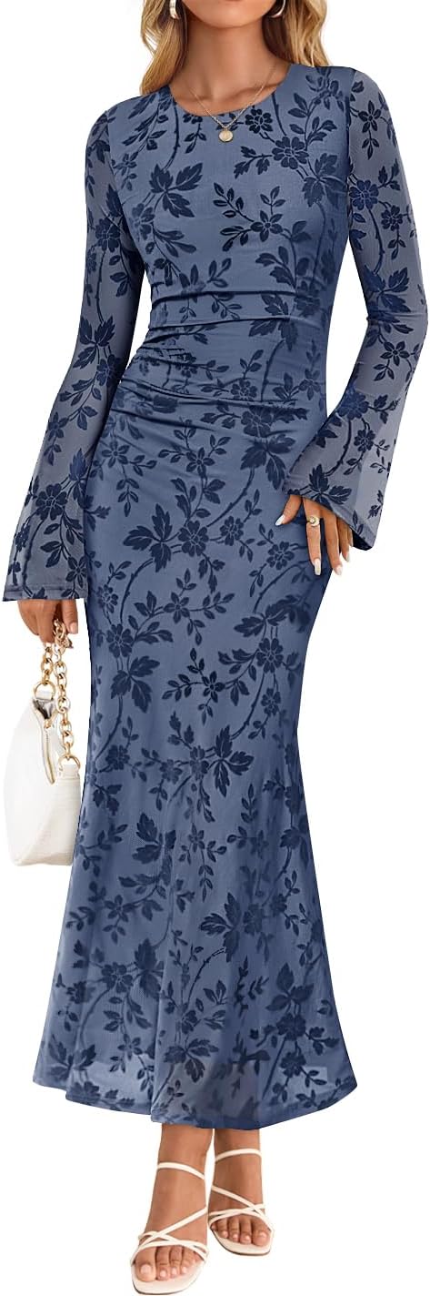 ZESICA Women's Long Sleeve Floral Bodycon Dress 2026 Spring Fall Ruched Mesh Wedding Guest Cocktail Party Maxi Dresses