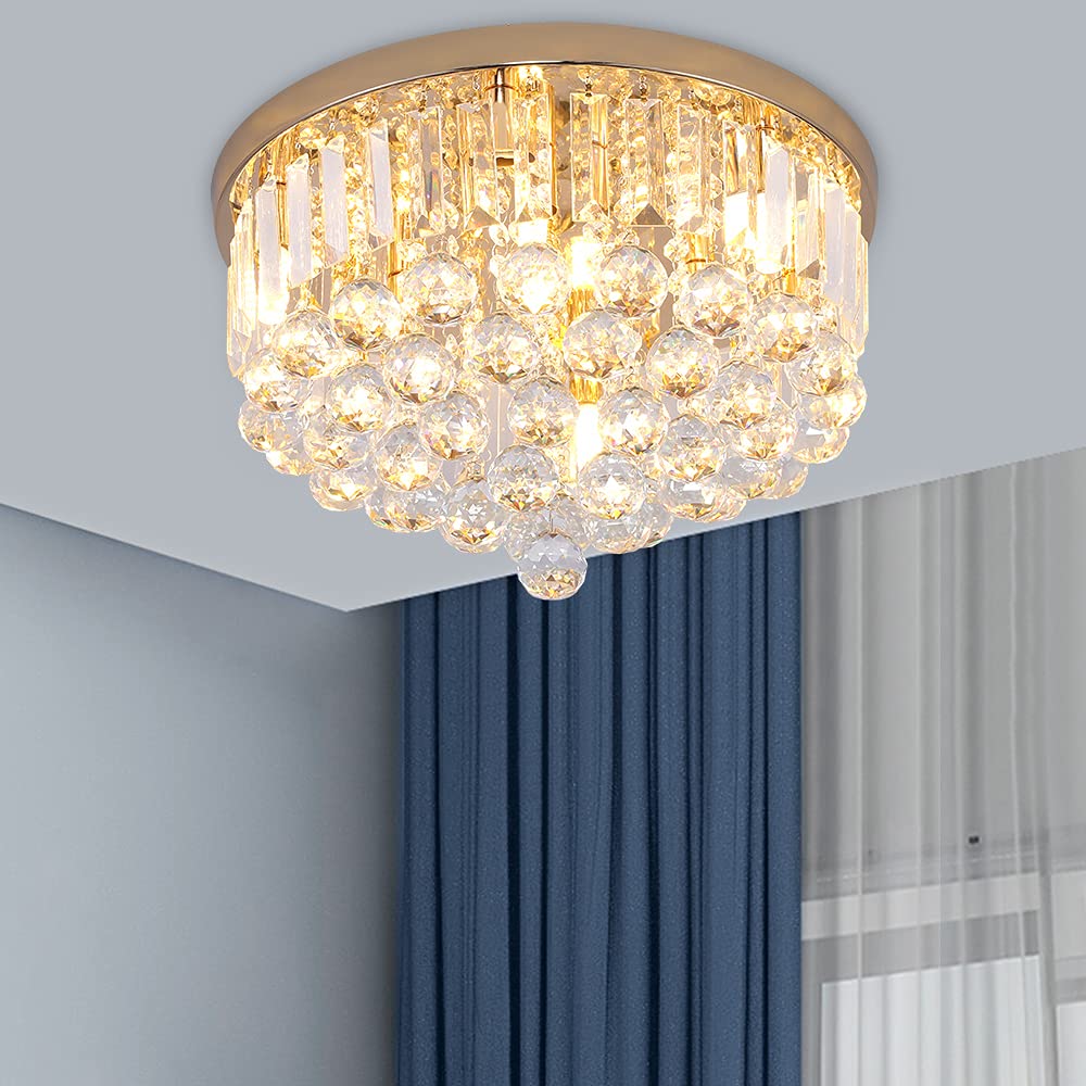 Gopmmy Mini Crystal Chandelier Ceiling Light,Flush Mount Modern Round K9 Crystal Raindrop Ceiling Lighting Fixture for Dining Room Bedroom Hallway Height 11''x Width 16''(French Gold)