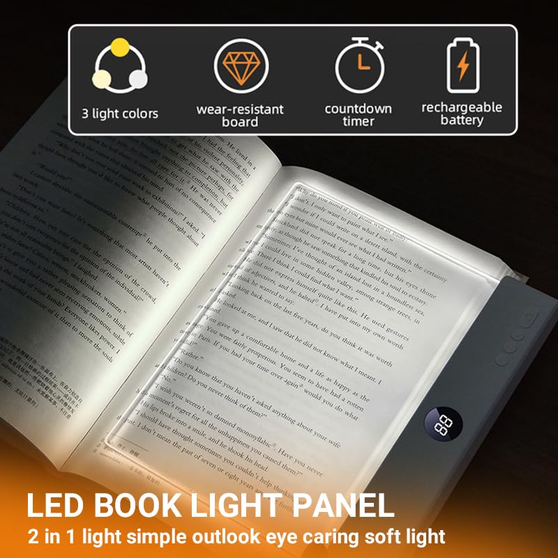 ROVIA Smart LED Reading Light, Dimmable Book Light with 3 Colors Adjustable & Timer Dimmable Panel, Rechargeable Flat Page Reading Light, Eye Protection Lights for Bedtime Night Reading (Black)