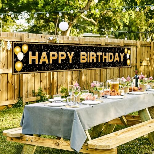 Happy Birthday Banner - 118"x20" Waterproof, Windproof & Tear-Resistant Polyester Sign for Men, Women, Boys & Girls, Black...