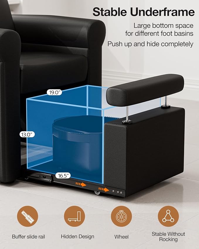 VARONXE Icoget Professional Pedicure Chair No Plumbing for Nail Tech, Reclining SPA Pedicure Station w/Adjustable Footrest & Headrest, Retractable Base Unite for Small Space, Black