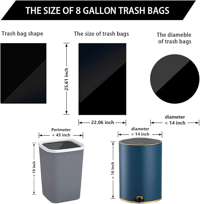 8 Gallon Trash Bags 120 Count Black Drawstring Garbage Bags - Thick Plastic, 22.06'' x 25.61'' (Black, 8) - Suitable for Office, Kitchen, Home