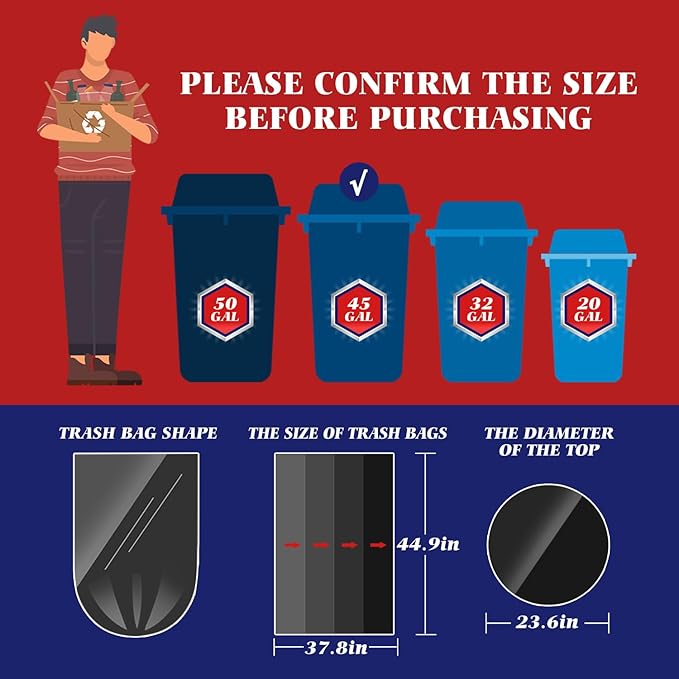 Teivio 40-45 Gallon Large Black Trash Bags 30 Counts All Purpose Trash Bags,39,40,42,44,45 Gal,Heavy Duty Garbage Bags,For Industrial, Commercial, Construction, Outdoor, Lawn, Leaf, Can liners