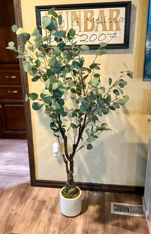 GarveeHome Artificial Eucalyptus Tree Indoor, 5ft Tall Fake Artificial Plant with White Planter，Large Faux Floor Plant Fake Silk Trees with 50 Lights Artificial Trees for Home Decor Indoor