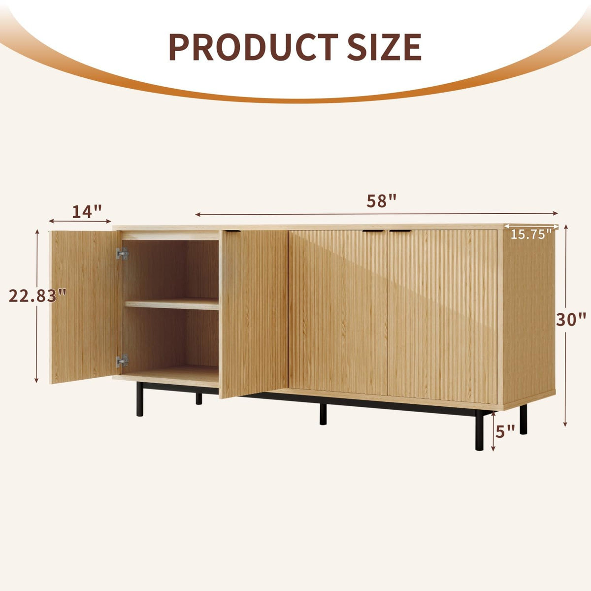 58" Modern Fluted Sideboard Buffet Cabinet in Natural Oak, Accent Storage Console with Adjustable Shelves for Dining Room, Living Room