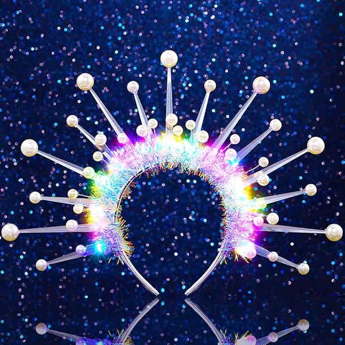 Zoestar Light Up Pearl Crown Headband LED halo Headbands Glow Party Hair Accessories for Women