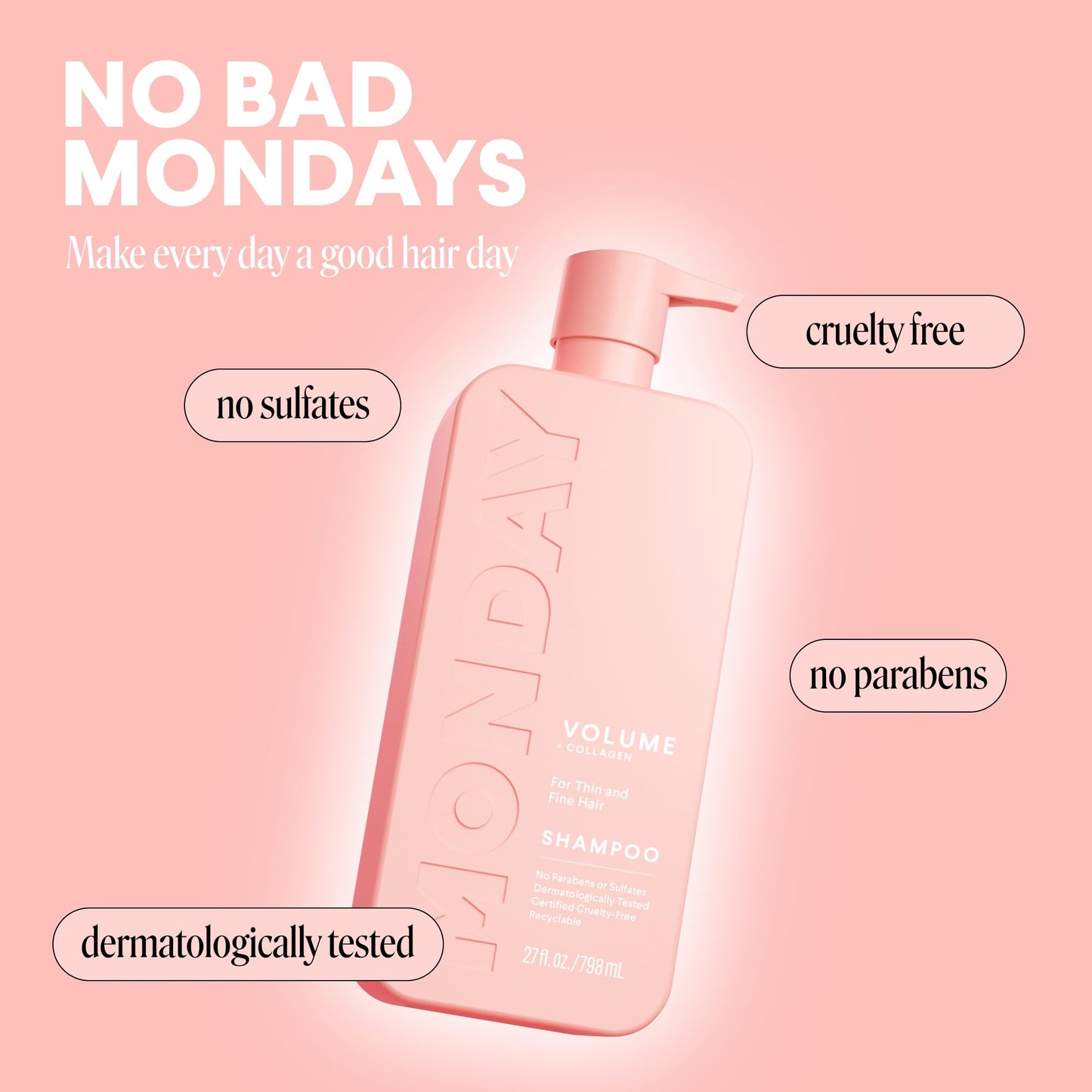 MONDAY Haircare VOLUME Shampoo with Hydrolyzed Collagen & Macadamia Oil for Thin, Fine & Flat Hair 798 mL