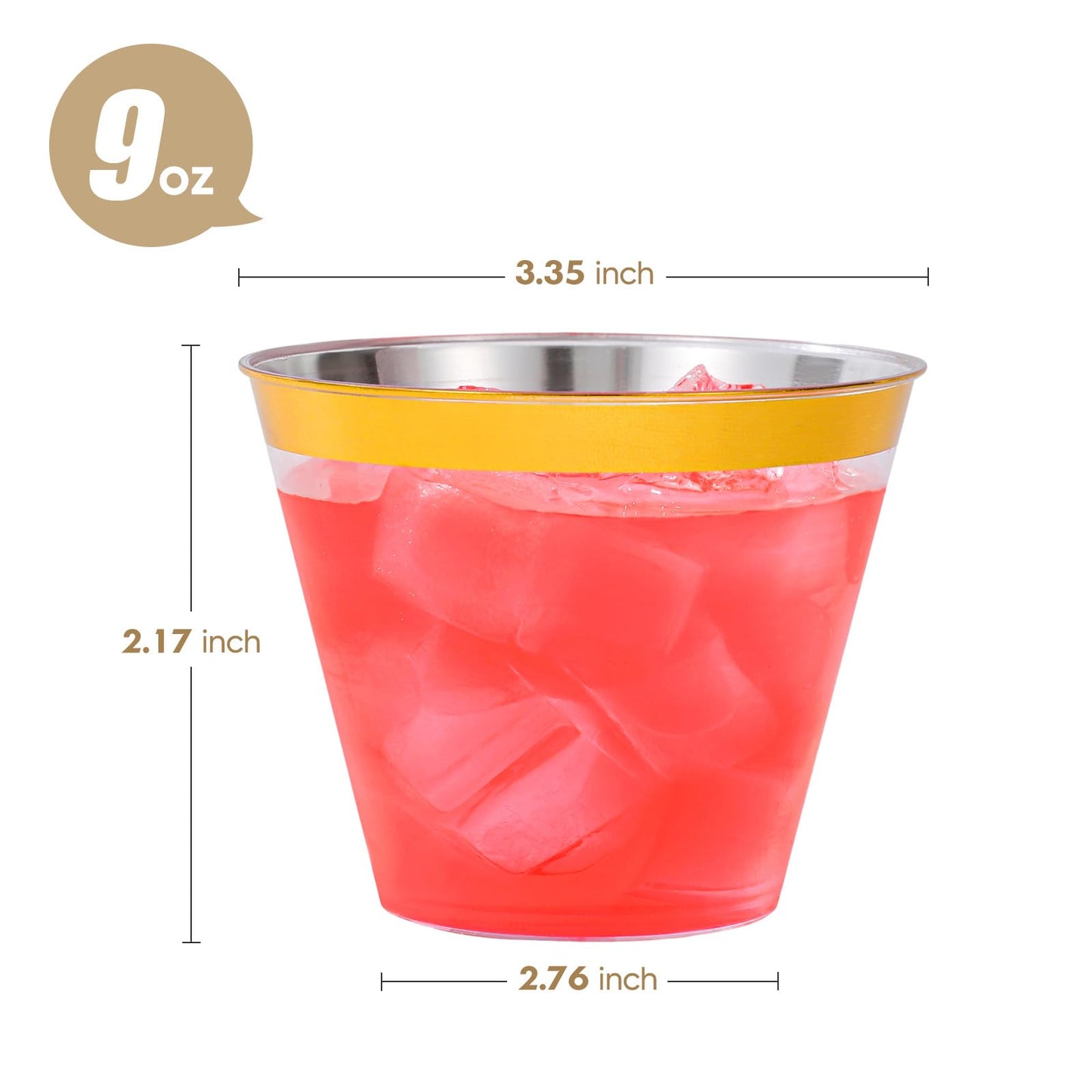 VajilaPhil 50PCS Gold Plastic Cups, 9 oz Clear with Metallic Gold Rim Disposable Cups, Elegant Plastic Tumblers, Fancy Party Cups