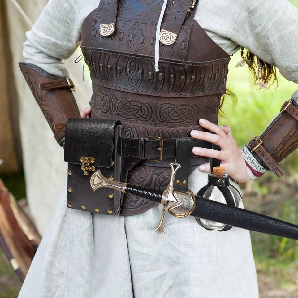 Belt Pouch Waist Bag Fanny Pack Steampunk Phone Holder Medieval Bag Leather Belt Renaissance Cosplay Costume Accessories (3Bottle-Black)