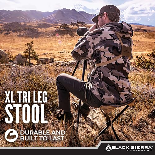 Black Sierra Folding Hunting Stool w/Shoulder Strap Supports 225 lbs, Lightweight Collapsible Tripod Seat, Foldable Steel ...