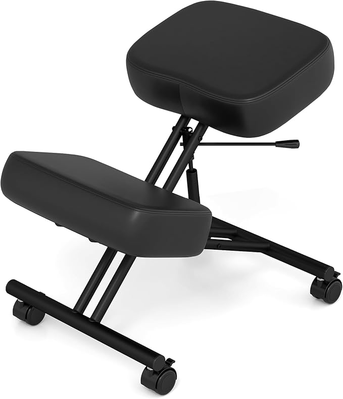 Goplus Kneeling Chair, Upholstered Mobile Desk Chair w/Adjustable Height, Thickened Sponge Cushion, 4 Lockable Universal Wheels, Office Home Padded Stool with Angled Seat, Black (1)