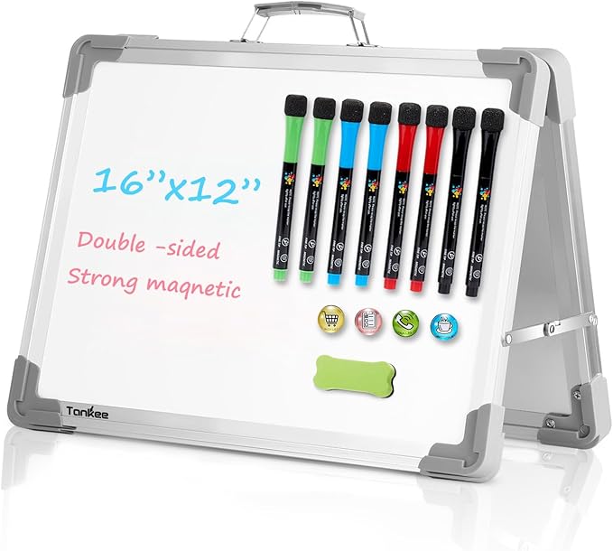 Small Dry Erase White Board – TANKEE Magnetic Desktop Foldable Whiteboard Portable Mini Easel Double Sided on Table Top wi...