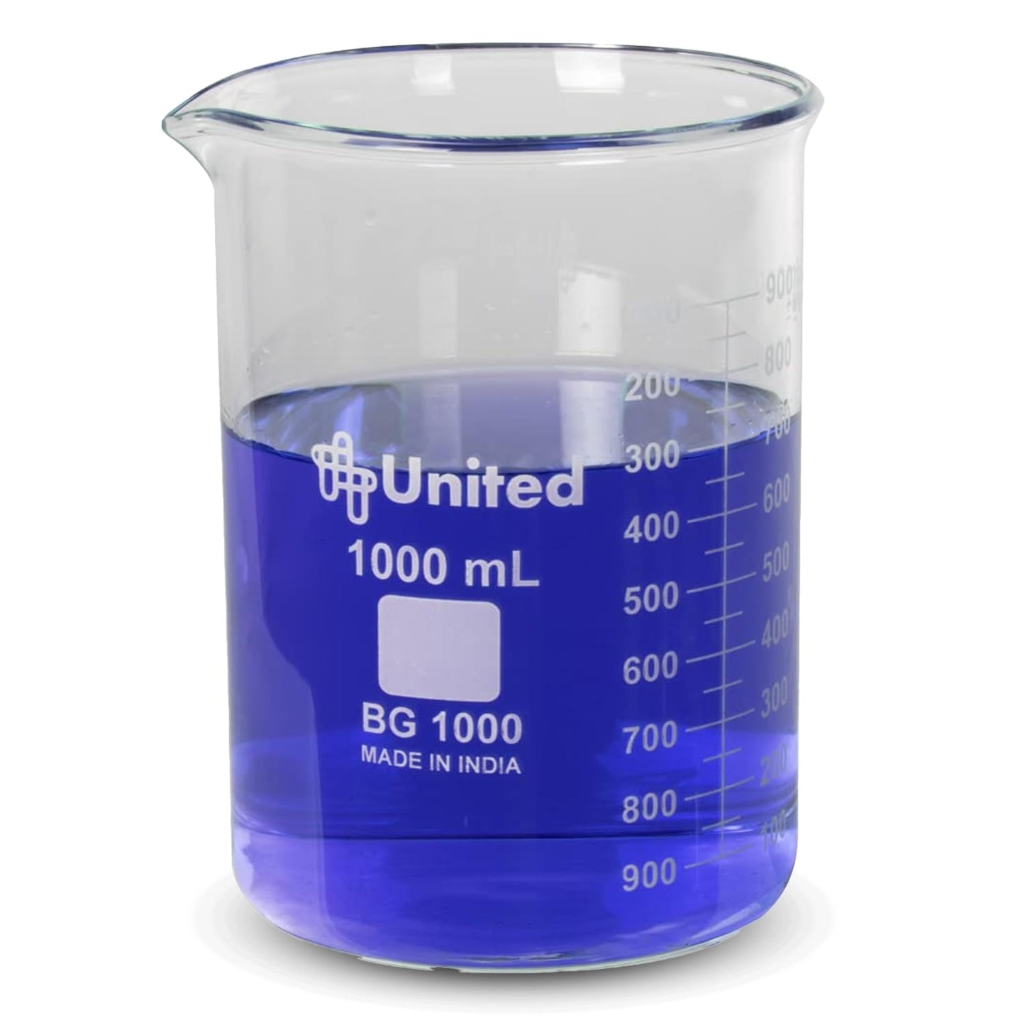 United Scientific™ (1,000mL) 1 Liter Beaker - Low Form Griffin, Double Scale Graduation Chemistry Glassware, 3.3 Borosilicate Glass Beaker with Pour Spout, Beaded Rim and Autoclavable, 1 Each