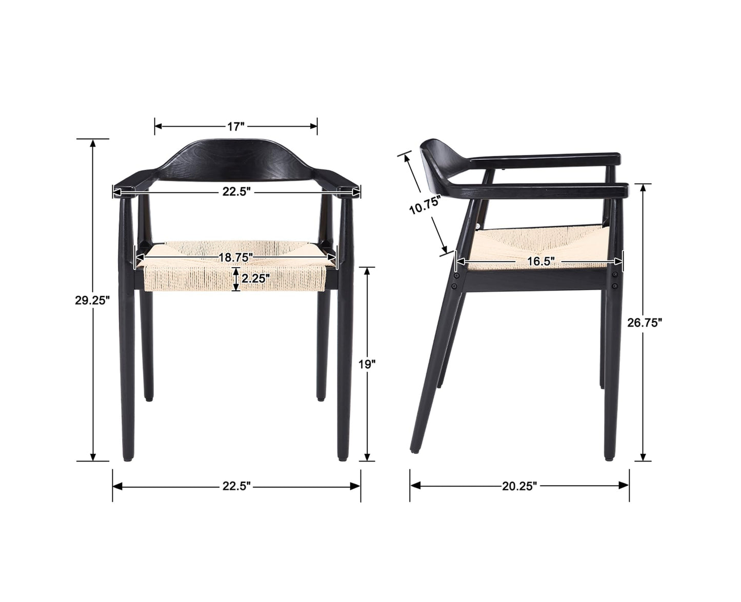 Mid Century Dining Chairs Set of 2, Black Wood Modern Kitchen Chairs with Arms, Woven Rope Dining Table Chairs with Hemp Seat