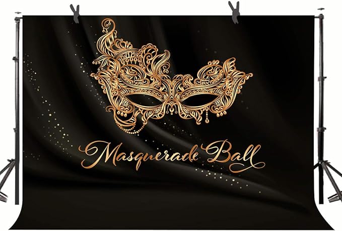 Golden Mask Backdrop 9x6ft Shining Retro Golden Mask Masquerade Ball Black Photography Background Mardi Gras Masquerade Ca...