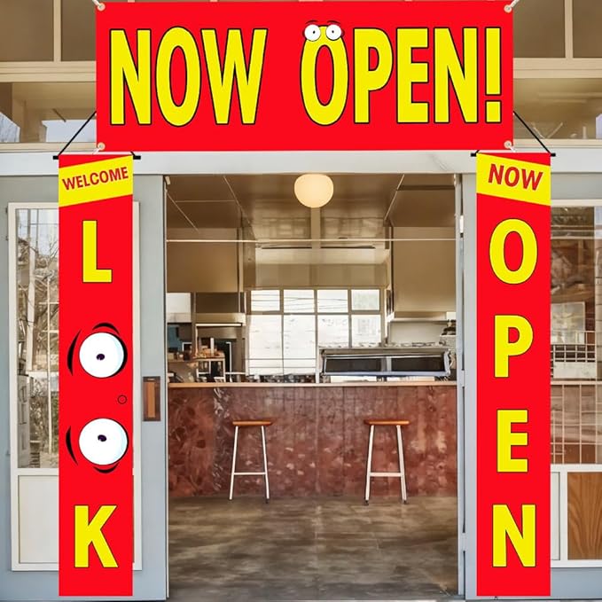 AIBIIN 3PCS Now Open Banner Grand Opening Decorations Business Look Open Porch Sign New Store Restaurant Grocery Cafes Sho...