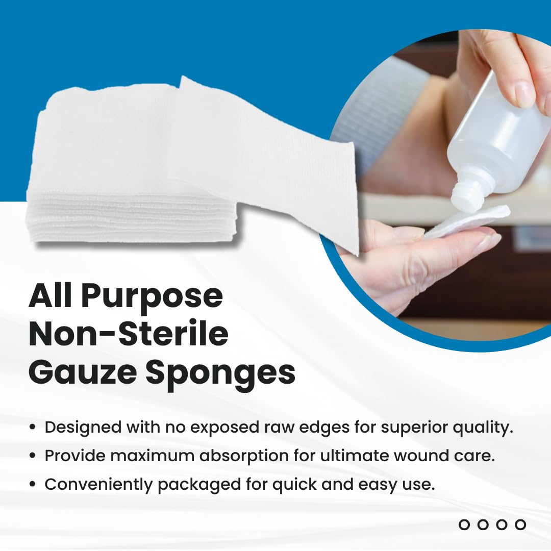 Dealmed 2" x 2" Non-Woven Gauze Sponges - 4-Ply All-Purpose Non-Sterile Pads, Absorbent Dental Gauze Wound Care Product for First Aid Kit/Medical Facilities, 200 Count (Pack of 2)