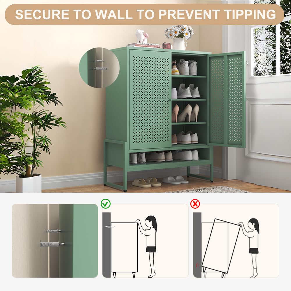 Metal Shoe Storage Cabinet for Entryway with Doors & 3 Shelves,Modern Shoe Cabinet Free Standing Shoe Organizer with Adjustable Legs for Hallway,Living Room,Foyer (Openwork Door Panel, Green)