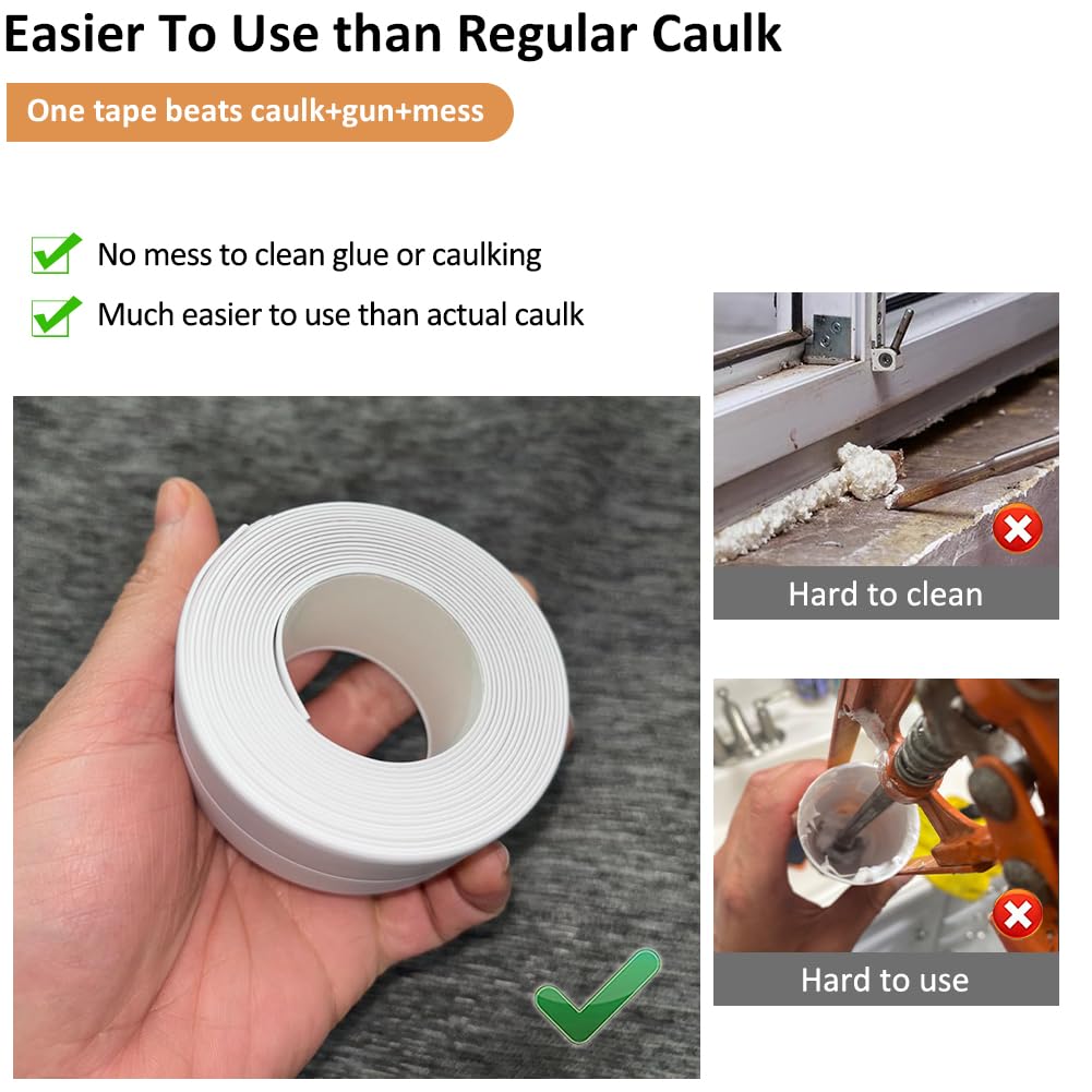 White Caulk Tape Self Adhesive Waterproof, Bathroom Peel & Stick Caulking Strip Floor Tile Wallpaper Toilet Tub Shower Wall Trim, DIY Project Renter Friendly Decor, Quick & Easy to Install in Minutes