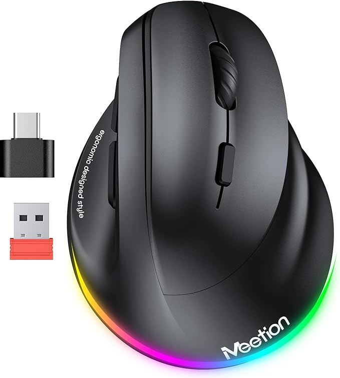 MEETION Ergonomic Mouse, Wireless Vertical Mouse RGB Backlit Rechargeable Mice for Bluetooth(5.2 + 3.0) & USB-A with USB-C...