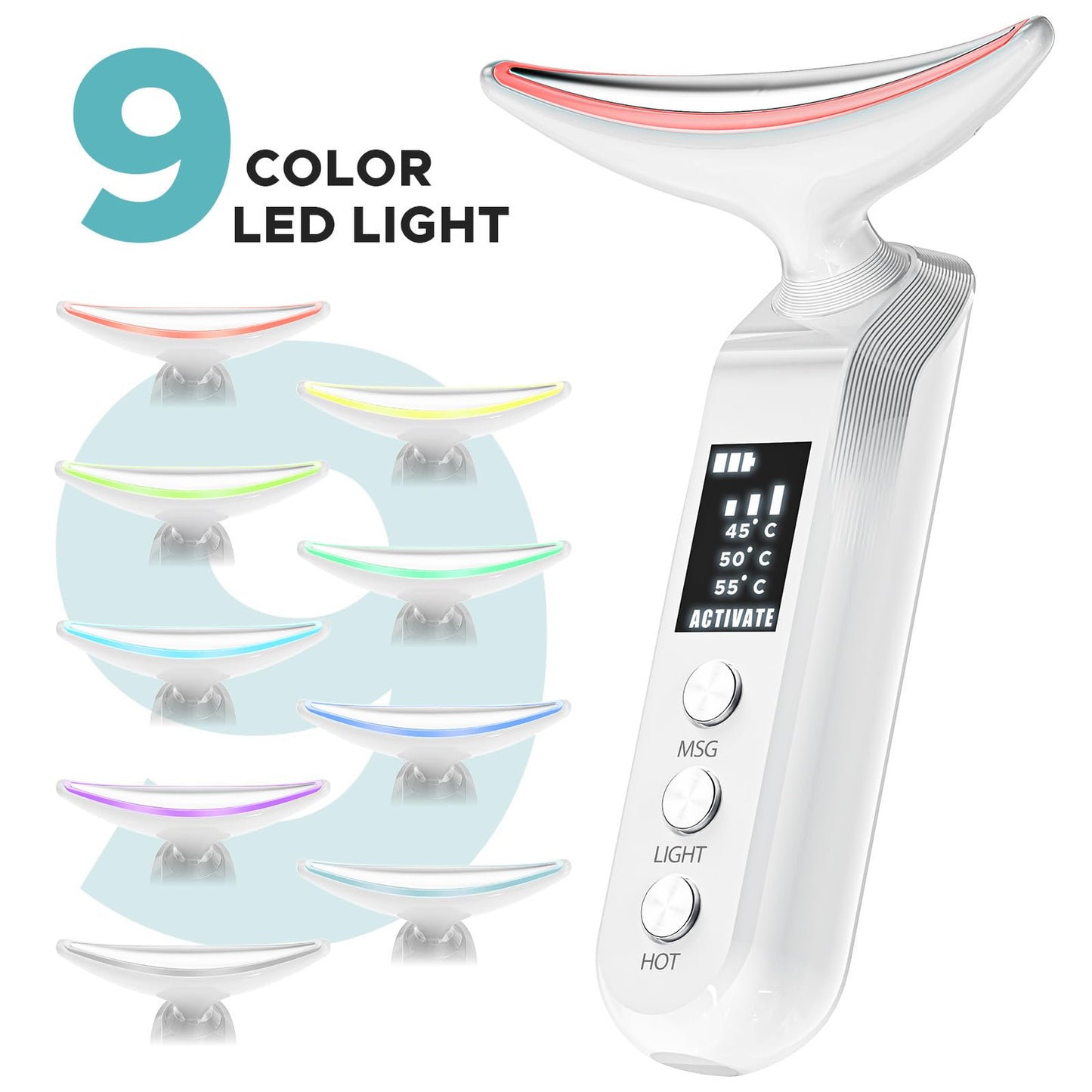 Facial Neck Massager Portable Charging Dock - 3 Heat Settings, Vibrating Face Massage, 9-Color LED Light & 72Hrs Battery | Home
