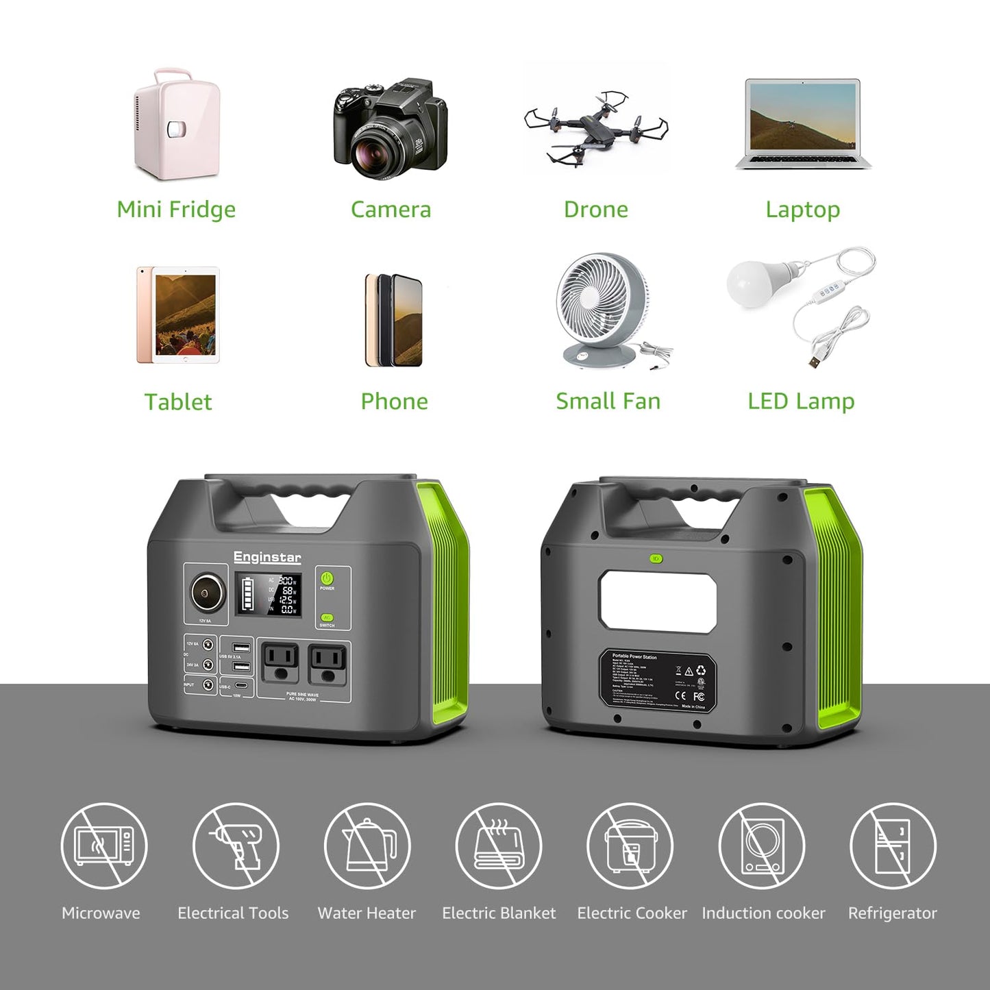 EnginStar Portable Power Station, 300W 296Wh Battery Bank with 110V Pure Sine Wave, 60W Foldable Solar Panel with 18V DC Outlet for Portable Power Stations