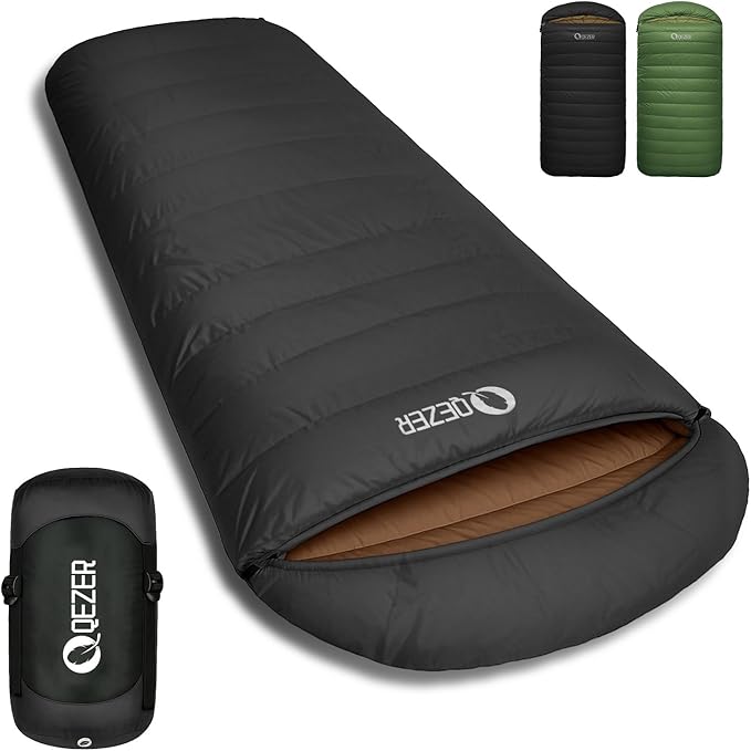 QEZER XL Sleeping Bag-600 Fill Power Down Sleeping Bag for Adults, Ultralight Ideal for Backpacking, Camping, Hiking