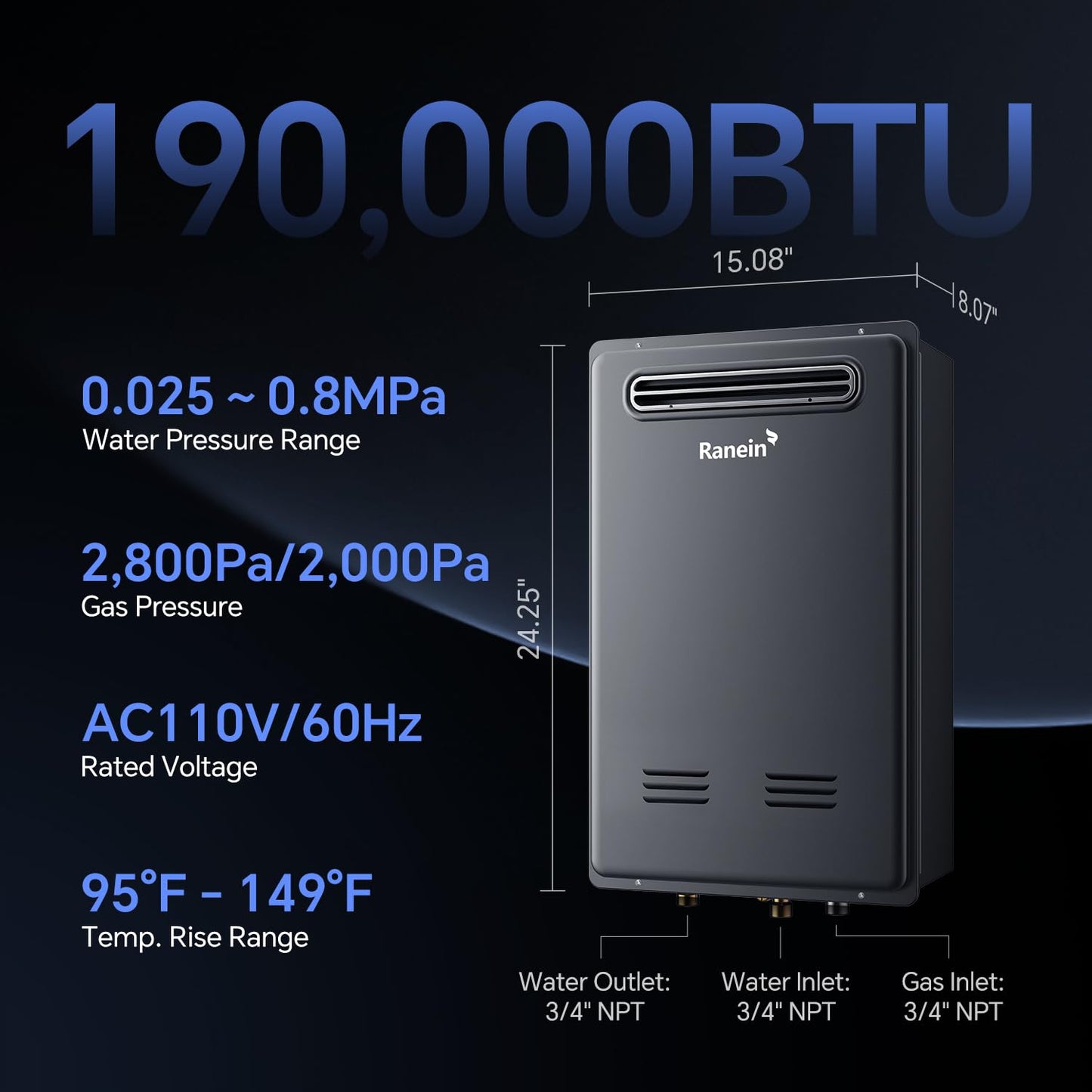 Ranein Propane Gas Tankless Water Heater, Outdoor Max 8.5 GPM, 190,000 BTU Instant Hot Water Heater