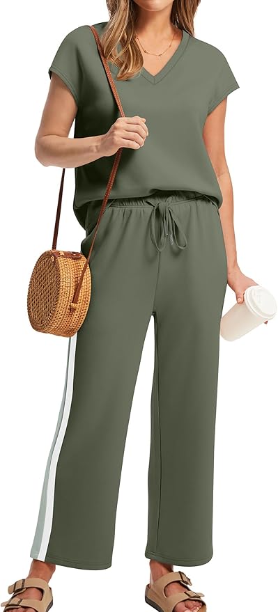 Saloogoe Two Piece Sets for Women Summer Outfits Lounge Sets V Neck Tops Wide Leg Pants Woman Vacation Travel Outfits