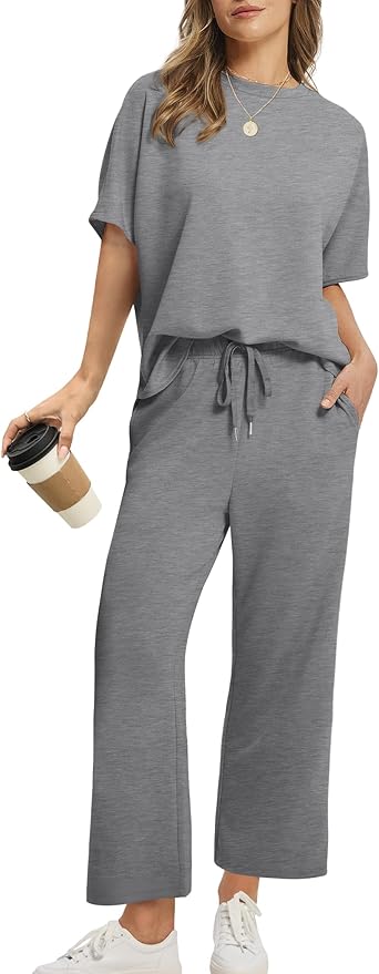 Sampeel Two Piece Sets for Women Summer Outfits Oversized Wide Leg Crop Pants Lounge Sets Airport Beach Vacation Clothes