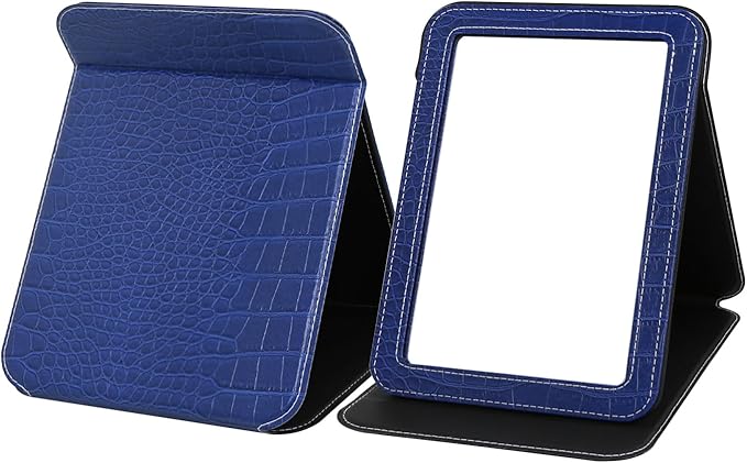 Blue Foldable Desk Mirror, 5.3×6.9” Adjustable Angle Rounded Rectangle PU Edge Covering Travel Mirror with Stand (MBlue)
