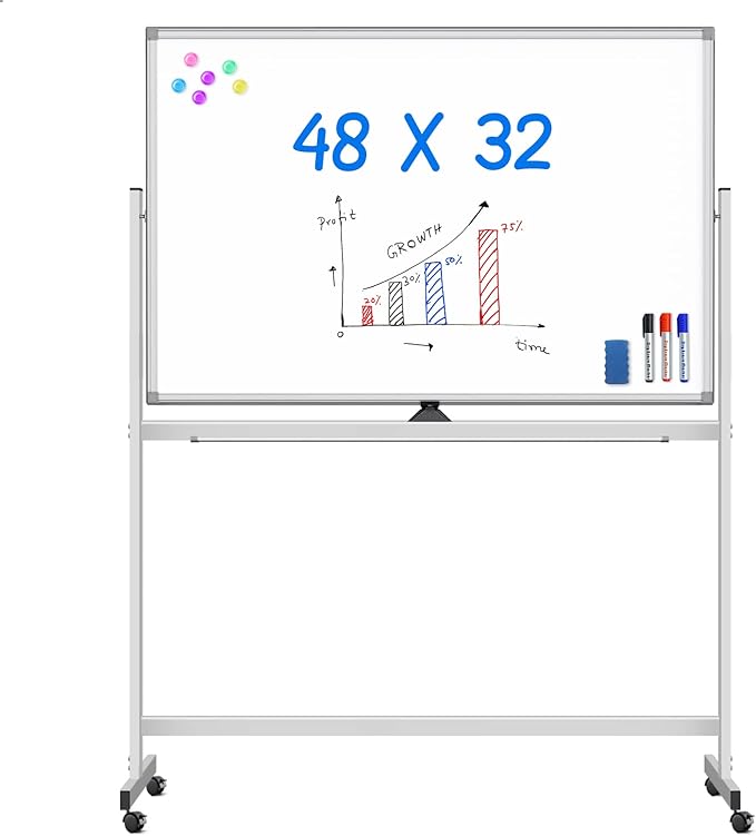 Maxtek Rolling White Board on Wheels 48x32 inch Double Side Magnetic Dry Erase Board with Stand, Aluminum Frame Easel Mobi...