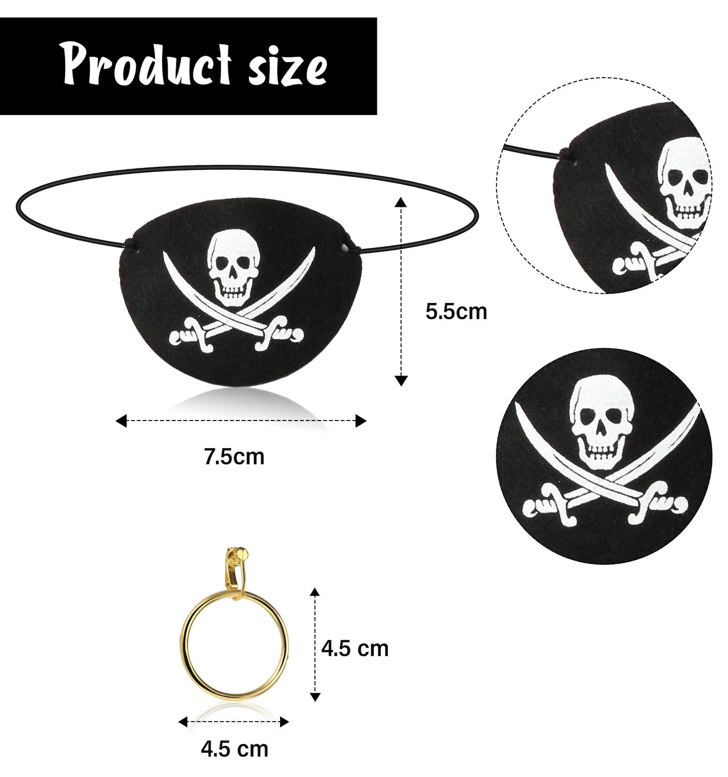 Didaey 5 Pcs Captain Pirate Costume Accessories Set Pirate Eye Patch Large Sash Headband Necklace Earring for Women Men(Black)
