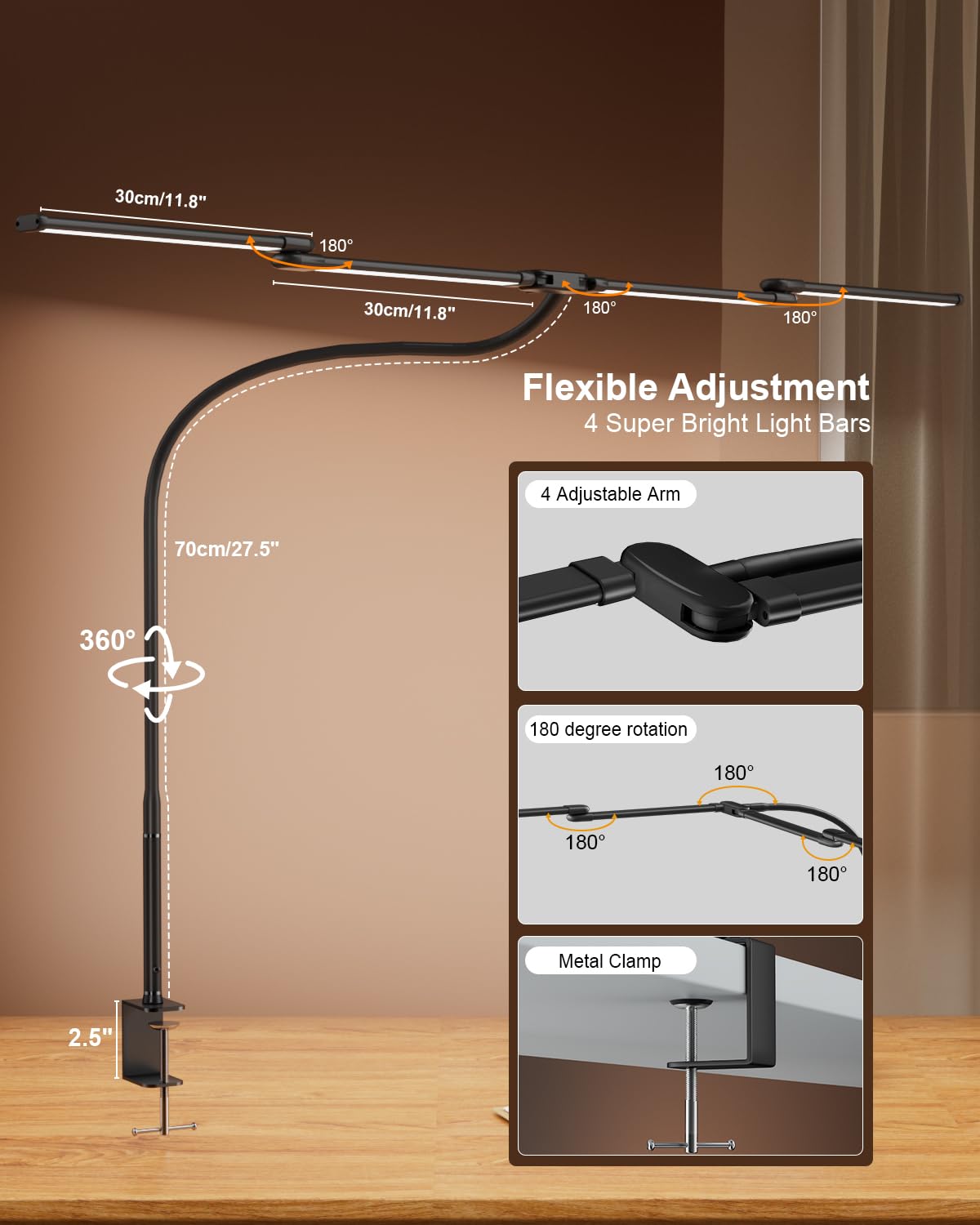 LED Desk Lamp with Clamp, 24W Ultra Architect Desk Lamp for Home Office, Stepless Dimming & Adjustable Gooseneck, Eye-Caring Light with USB Adapter for Reading, Study, Multi-Screen Setup (Black)