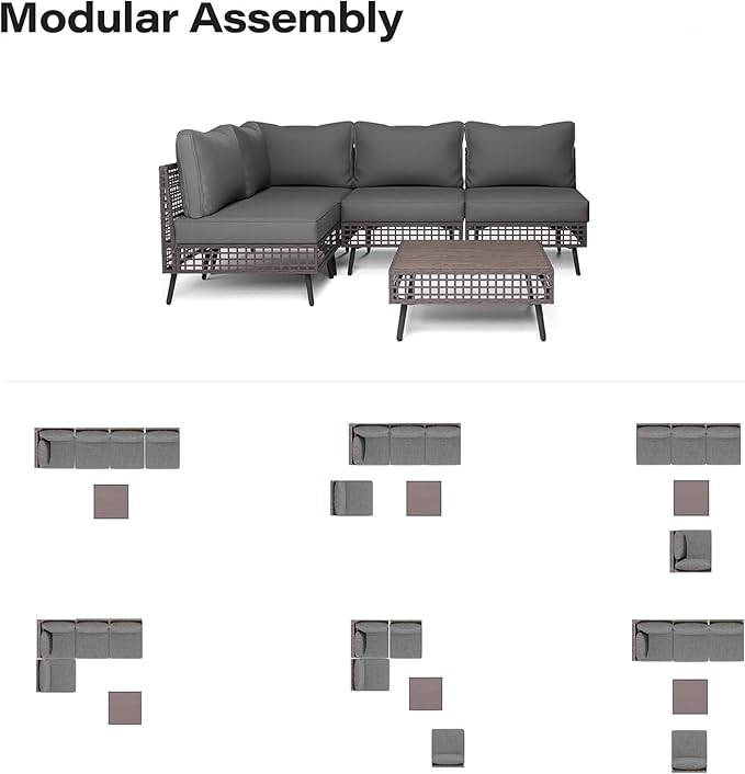 LAUSAINT HOME 5 Pieces Outdoor Sectional Sofa Set, All-Weather PE Wicker Rattan Patio Conversation Set with Thick Cushions & Coffee Table, Patio Furniture Set for Garden, Backyard, Porch (Grey)