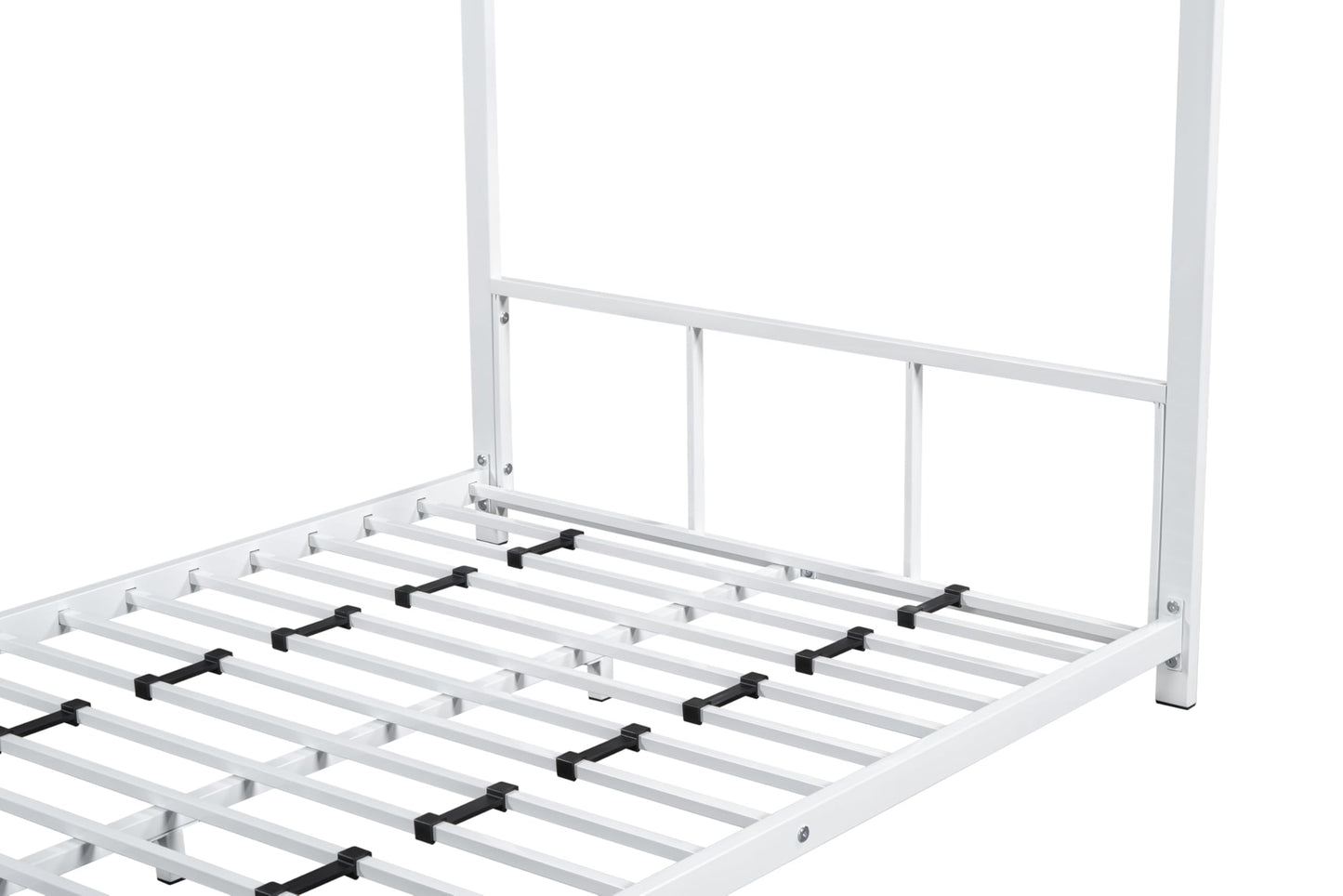 LINKHOO Twin Size Montessori Floor Bed with Roof, Metal House Bed with Soundproofing Slat Locking and Footboard for Boys and Girls, Easy to Assemble, No Box Spring Needed, White
