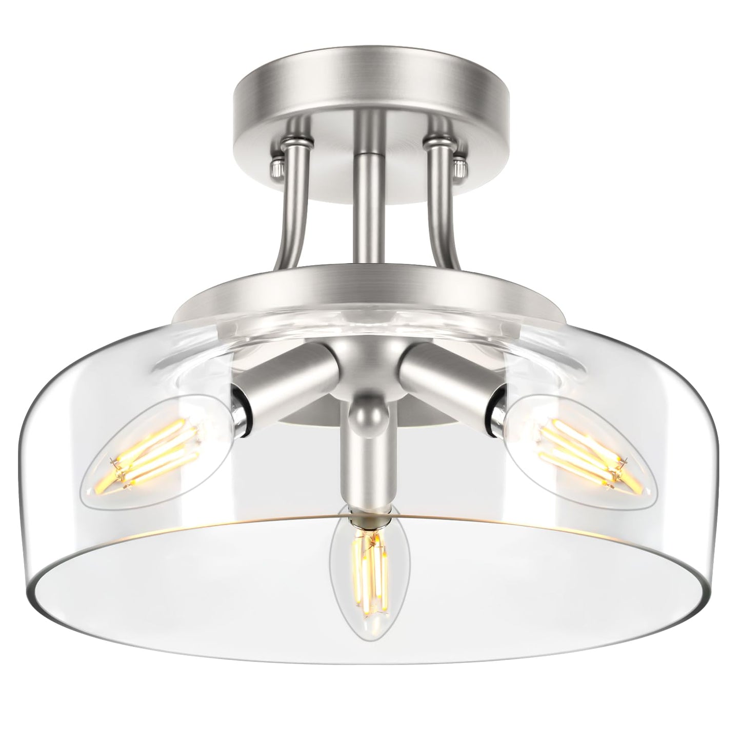 TOBUSA 3-Light Semi Flush Mount Light Fixture, Modern Industrial Glass Ceiling Light with E12 Base, Metal Semi Flush Ceiling Light for Living Room Kitchen Bedroom Hallway Balcony, No Bulbs, Nickle