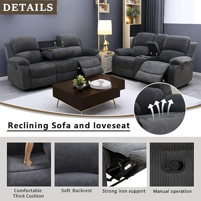 A Ainehome Living Room Furniture Set Grey Corduroy Recliner Sofa Set Loveseat Chair Furniture Sofa Set for Living Room/Rv/House/Office/Theater Seating (A-Dark Grey Corduroy, Sofa+Loveseat)