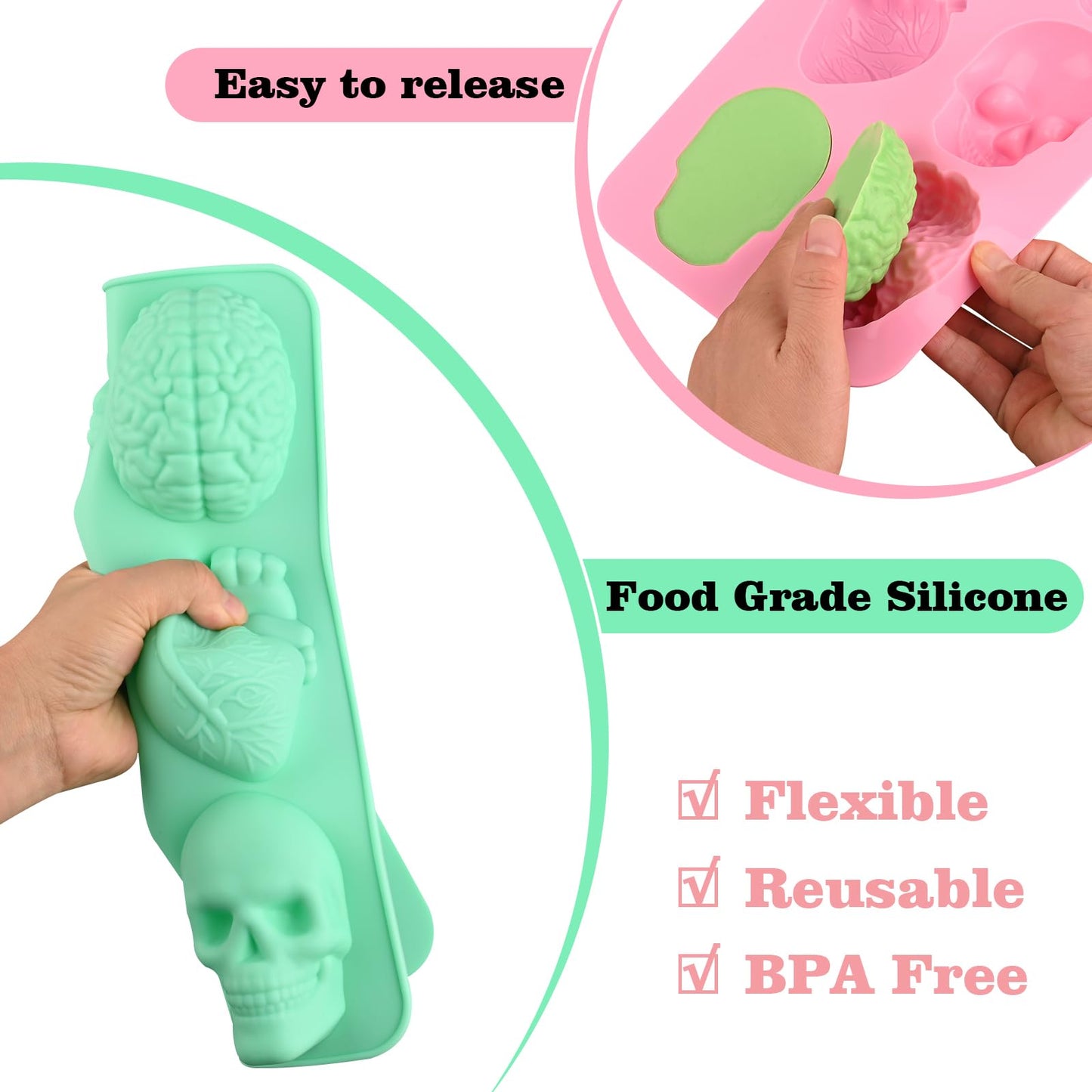 Actvty Skull Heart and Brain Silicone Molds, 3D Human Organ Soap Molds, 2 Pcs Halloween Baking Mold for DIY Cake, Chocolate, Jello, Ice Cube, Soap, Resin, Candle, Halloween Decoration