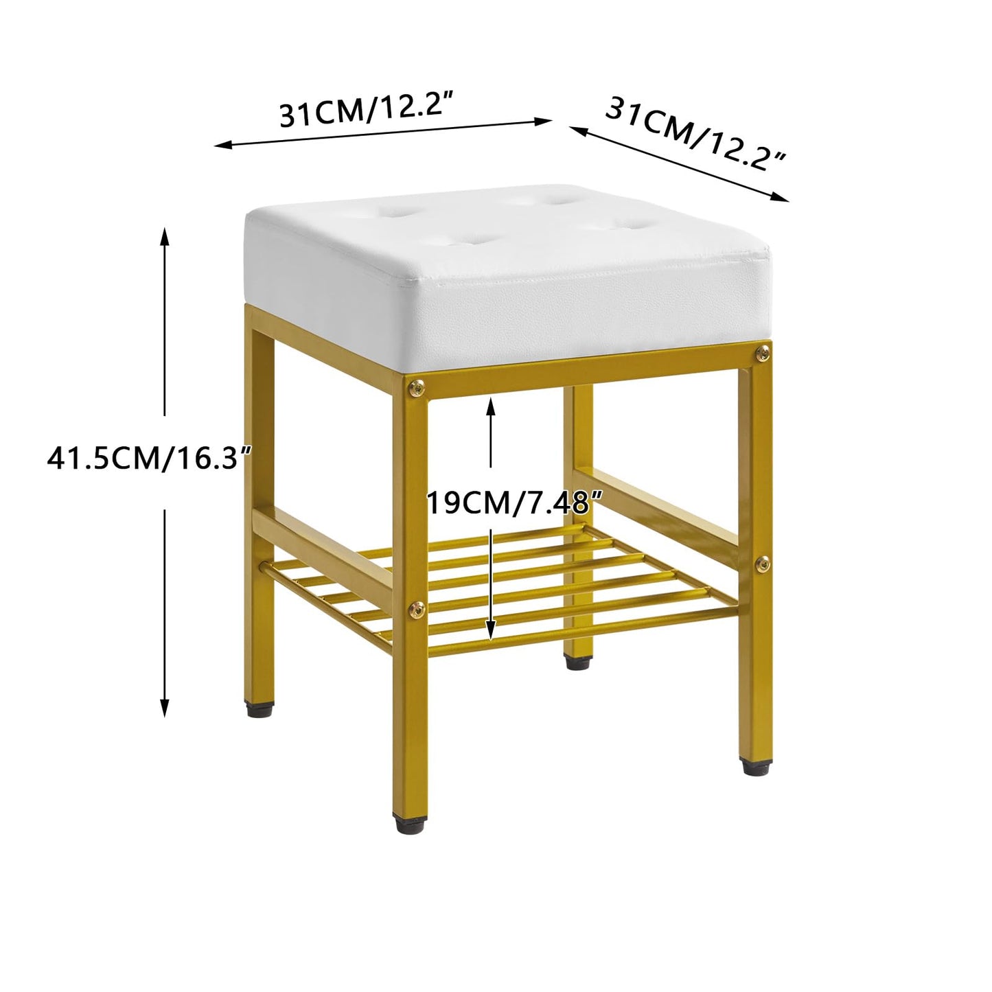 IBUYKE Square Makeup Stool with Adjustable Feet and Storage Space, Footrest Chair, PU Vanity Seat, Multi-Use as Small Side Table or Ottoman, for Bedroom, White LG-60W